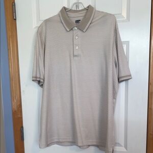 Lands' End Tan w/ cream stripe Polo Shirt Classic Collar Knit Fabric